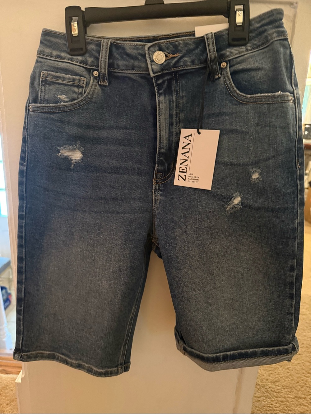 Zenana Outfitters Blue Distressed Bermuda-style Denim Shorts Size Medium